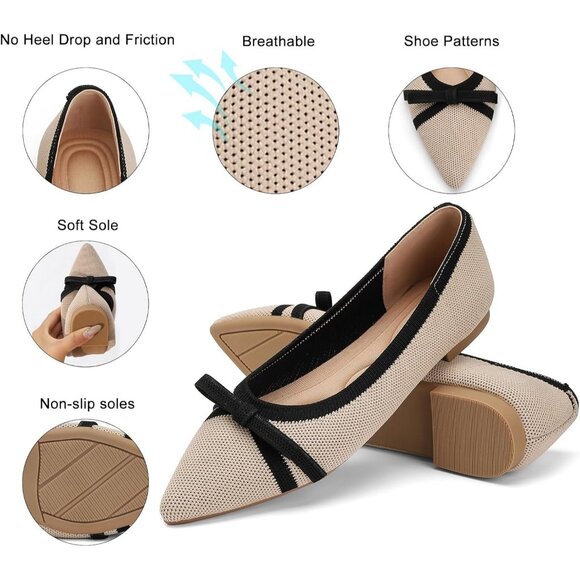 Women's Beige Black Pointed Toe Knit Foldable Ballet Comfortable Slip On Shoes - Picture 3 of 5